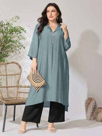 Mulvari 2 件大码女式纯色纽扣装饰长款上衣和长裤休闲套装