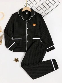 2 件套青少年男孩睡衣、格子裤和长袖开衫，配可爱小熊刺绣上衣、白色撞色饰边、冬季睡衣 - 黑色 - 查看 1