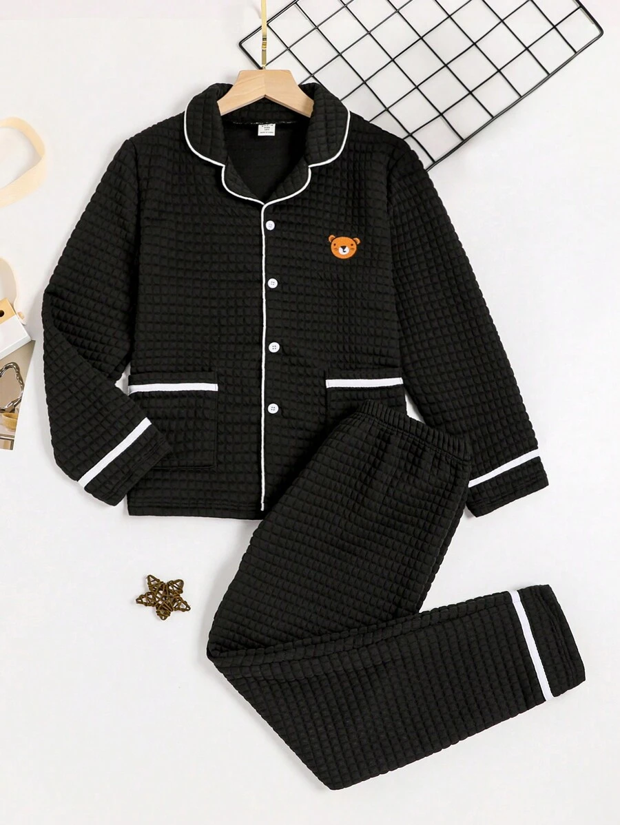 2 件套青少年男孩睡衣、格子裤和长袖开衫，配可爱小熊刺绣上衣、白色撞色饰边、冬季睡衣 - 黑色 - 查看 1