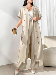 Modelyn 2pcs Women's Front Button Short Sleeve Casual Top & Pants Set Perfect For Business/Work/Cocktail Party/Wedding/Daily/Graduation Women Two-Piece Outfits 2 Pieces Set