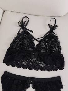 Ning xue yan ying 3 Cái/bộ Plus Size Nữ Ren Đen Hở Lưng Bộ Đồ Lót Ren, Có Trang Trí Nơ, Khoét Hở Thông & Dây Nịt Bụng, Trang Phục Thân Mật Gợi Cảm - màu đen - Xem 9