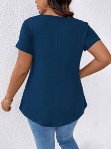 Linhara Plus Size V-Neck Short Sleeve Solid Color Simple Casual Loose Comfortable T-Shirt - Blue - View 2