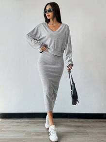 SHEIN Unity 2 件套女士春夏方领蝙蝠袖运动衫和方领无袖连衣裙套装 - 灰色 - 查看 3