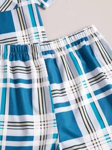2pcs Plaid Pattern Short Sleeve Cardigan And Shorts Casual Pajama Set For Tween Boys