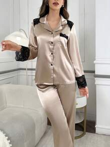 Color Blocking Lace Patchwork Flap Pocket Faux Silk Lapel Collar Long Sleeve Pajama Set - Champagne - View 6