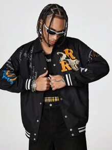 Manfinity NXTstreet 男士数码印花梭织长袖夹克，秋冬款 - 黑色 - 查看 1