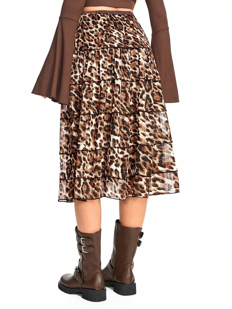 ROMWE Hippie 女士千禧复古豹纹蛋糕裙，休闲与度假 - 棕色 - 查看 4