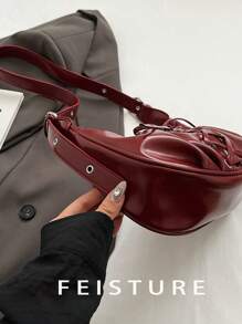 1 件 FEISTURE 纯色 PU 蝴蝶结新月单肩包，配有可调节肩带，适合女孩、女士、大学生、办公室女士和专业人士，非常适合工作、商务、通勤、学校 - 紅色 - 查看 4