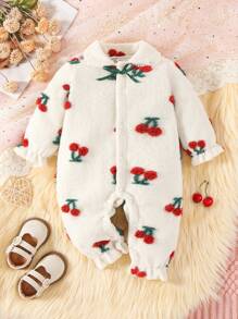 Baby Girls' Thick Fleece Cherry Embroidery Cute Peter Pan Collar Single-Breasted Jumpsuit, Winter - Apricot - View 1