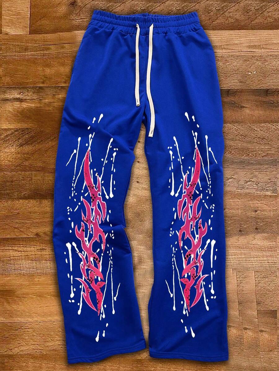 Manfinity Roghcode Celana Jogging Kasual Pria Motif Api dengan Tali Serut di Pinggang, Potongan Longgar - Biru - View 1
