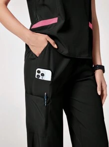 TaskEZ Solid Color Patchwork V-Neck Short Sleeve Top And Pocket Pants Uniform Scrub Set
