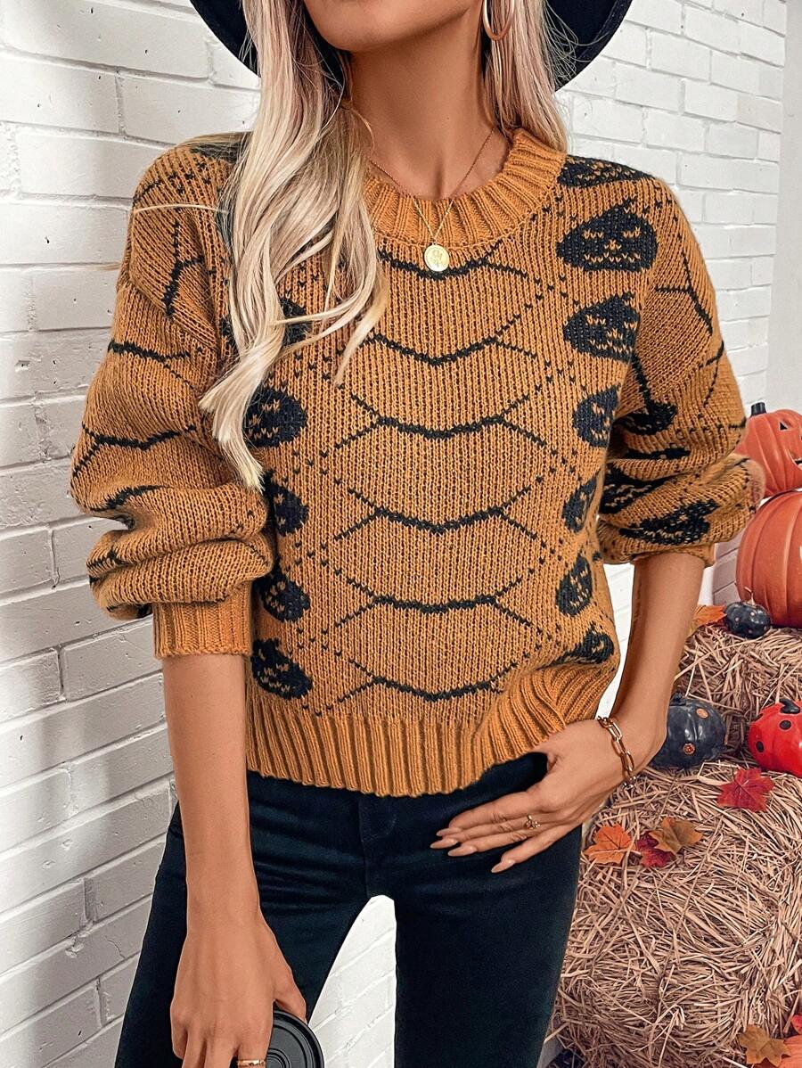 SHEIN LUNE Sweater Pullover Kasual Motif Halloween, Sweater Rajut Musim Gugur Musim Dingin - MultiWarna - View 1