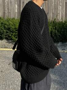 DAZY Men's Round Neck Drop Shoulder Casual Loose Plain Knit Sweater, Autumn, Grunge Style