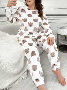 Plus Size Bear Print Flannel Long Sleeve Fluffy Pajama Set, Fall Winter Clothes - White - View 1
