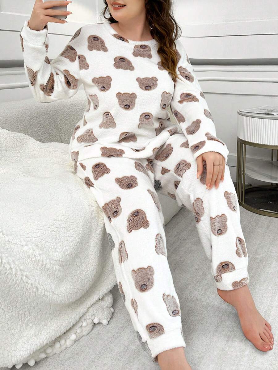 Plus Size Bear Print Flannel Long Sleeve Fluffy Pajama Set, Fall Winter Clothes - White - View 1