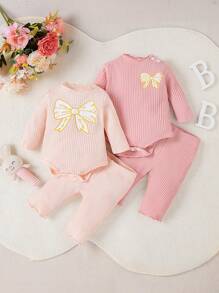 SHEIN 女婴蝴蝶结印花连体衣和裤子套装，秋冬季保暖舒适。 - 彩色 - 查看 1