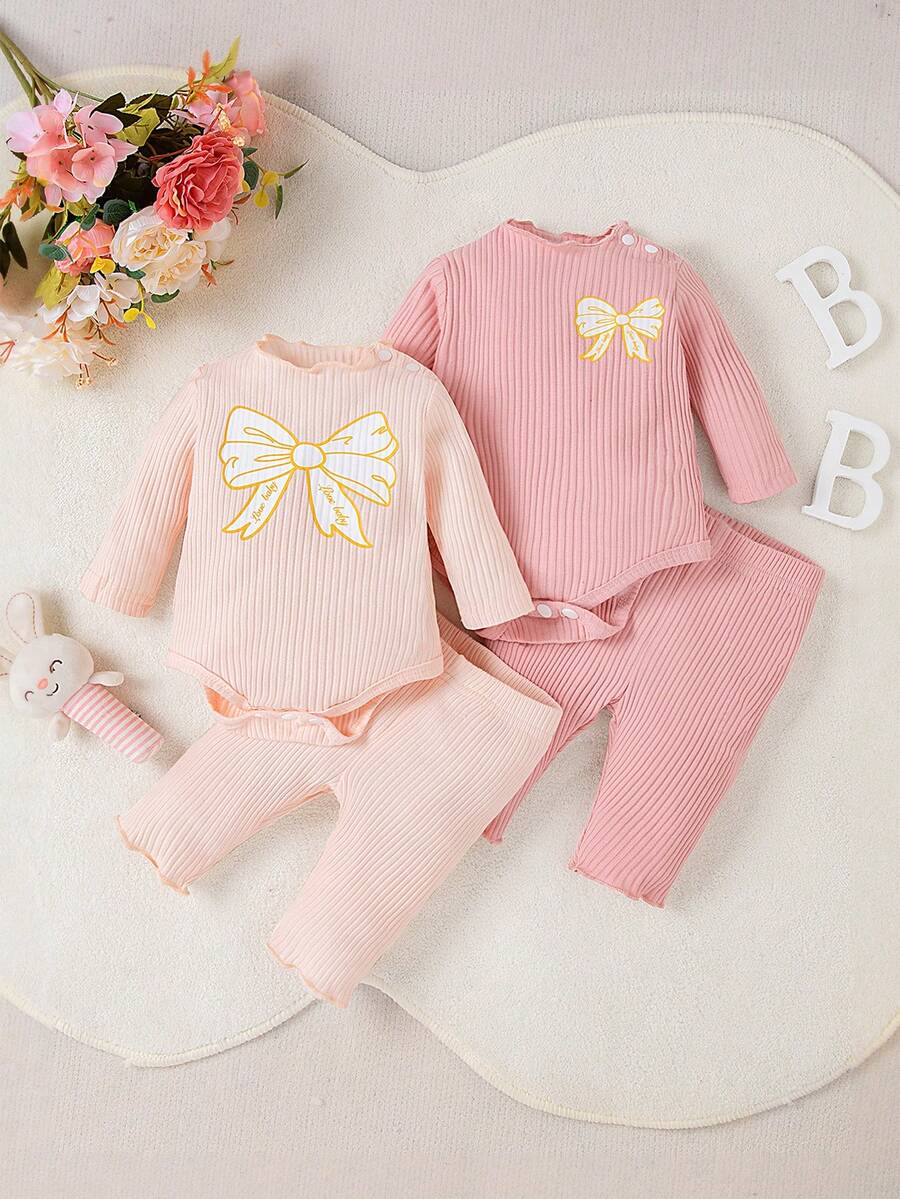 SHEIN 女婴蝴蝶结印花连体衣和裤子套装，秋冬季保暖舒适。 - 彩色 - 查看 1