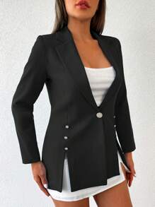 EURMUSE Single Breasted Lapel Slit Hem Blazer - Black - View 6