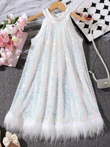 3pcs/Set Girls & Mommy Matching Sequin Decor Sleeveless High-Low Hem Dress Formal Gown For Party, Sold Separately