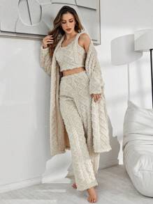 Bộ 3 áo vest, quần và áo khoác vải nỉ jacquard màu trơn cho nữ - Màu be - Xem 5