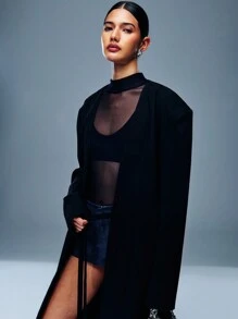 TypaGal Solid Black Long Placket Lace Up Front Trench Coat