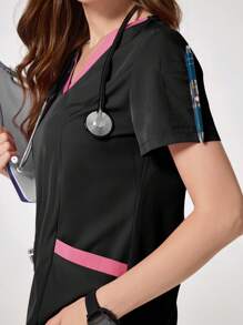 TaskEZ Solid Color Patchwork V-Neck Short Sleeve Top And Pocket Pants Uniform Scrub Set