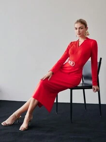 MOTF PREMIUM SOLID V-NECK SLIM FIT BELTED MIDI DRESS