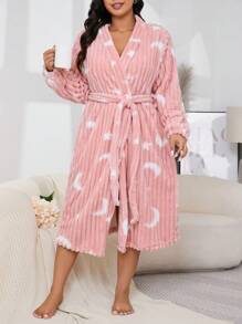 Snug Zone Plus Size Long Sleeve Belted Fleece Robe, Casual Everyday Wear, For Fall Winter, Cozy Outfit, Fluffy - Pink - View 3