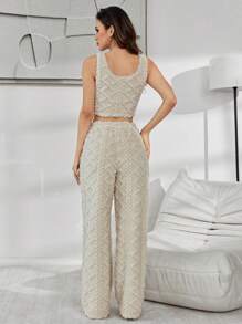 Bộ 3 áo vest, quần và áo khoác vải nỉ jacquard màu trơn cho nữ - Màu be - Xem 7