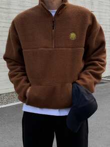 DAZY Sudadera con capucha de manga larga mullida con cremallera y parche de unicolor para hombre, otoño e invierno