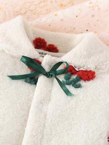 Baby Girls' Thick Fleece Cherry Embroidery Cute Peter Pan Collar Single-Breasted Jumpsuit, Winter - Apricot - View 4