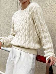 FRIFUL Suéter casual de punto de cable con letras bordadas de manga larga para mujer, otoño e invierno