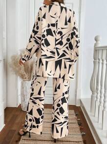 SHEIN LUNE 2 件套复古树叶印花休闲通勤街头装翻领开衫和阔腿裤套装女 - 彩色 - 查看 2