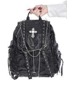 ROMWE Grunge Punk Balo phong cách Goth Unisex có mặt thánh giá, sức chứa lớn, Balo đinh tán Punk cổ điển, thích hợp đi học - màu đen - Xem 9