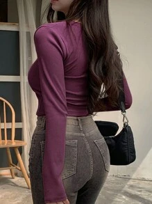 DAZY Camiseta de manga larga de unicolor minimalista para mujer, uso casual de todos los días, parte superior de otoño