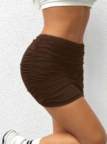 SHEIN MOD Minifalda ajustado de mujer de unicolor con doble capa de malla transparente - Café integral - Ver 5