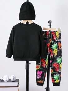 SHEIN 3 件套年轻男孩休闲熊印花圆领运动衫、裤子和帽子，适合春秋季穿着，非常适合街头、学校和返校场合 - 黑色 - 查看 2
