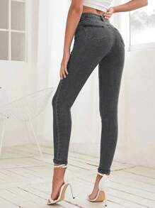 EMERY ROSE Button-front Skinny Denim Jeans - Light Grey - View 2