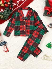 2pcs Baby Girls Casual & Comfortable Knitted Plaid Print Collared Cardigan And Pants Homewear Set, For Christmas - Multicolor - View 4