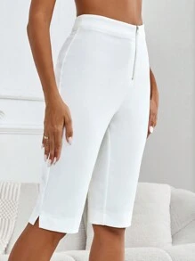 SHEIN Privé Women's Autumn Elegant White Front Zipper  Capri  Pants. Fall Pants. White Women Pants. Suitable For Casual Sports, Airport.