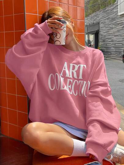 DAZY 女士休闲圆领落肩长袖字母印花卫衣，春秋季，长袖上衣，秋季女装