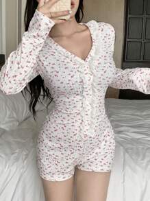 DAZY Ruffle Floral All Over Print Long Sleeve Casual Romper Pajama - White - View 3