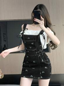 DAZY Mono corto de mezclilla con lazo y cordón de mujer con estampado tipo vestido de verano