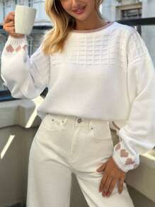 EURMUSE Casual Cute Pink Heart Pattern Balloon Sleeve Sweater - White - View 5