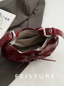 1 件 FEISTURE 纯色 PU 蝴蝶结新月单肩包，配有可调节肩带，适合女孩、女士、大学生、办公室女士和专业人士，非常适合工作、商务、通勤、学校 - 紅色 - 查看 6