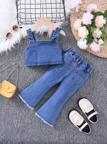 SHEIN 2 Stück/Set Baby Mädchen Denim Weste und weite Hose Set, Baby Mädchen Kleidung für Herbst und Winter - Dunkle Waschung - Übersicht 2