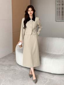 DAZY Bộ đồ vest blazer dài tay cài nút ve áo màu tương phản dành cho nữ và váy - Màu be - Xem 5