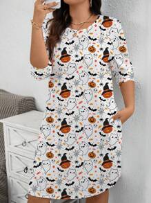 SHEIN LUNE 大码女式休闲长袖圆领及膝南瓜星星图案连衣裙，秋季万圣节服装连衣裙 - 白色 - 查看 3