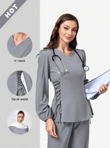 TaskEZ V 领灯笼袖侧系带制服手术服上衣 - 灰色 - 查看 5