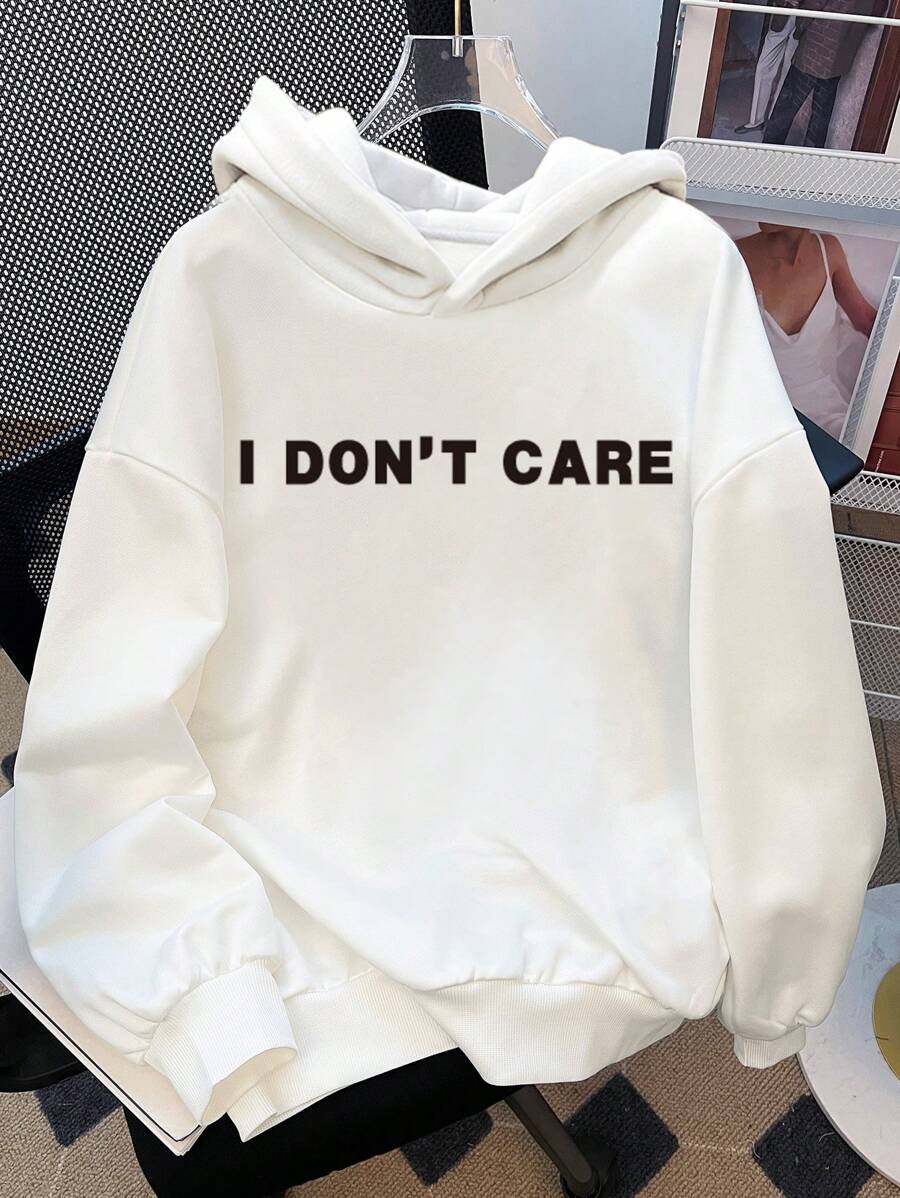 SHEIN Leap Crew I DON'T CARE 口号印花青少年女孩休闲宽松厚连帽运动衫，适合秋冬季